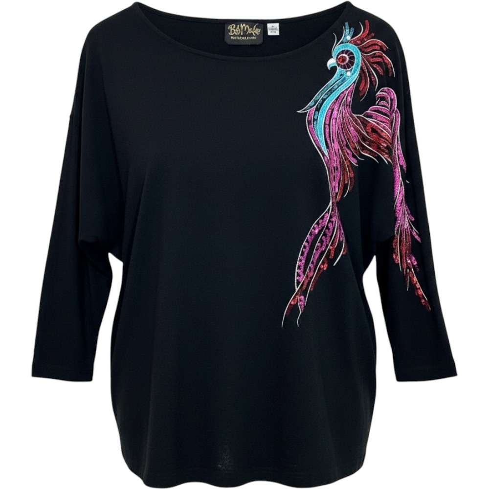 Bob Mackie Wearable Art Top Womens Size XL Black Sequin Phoenix Embroidered